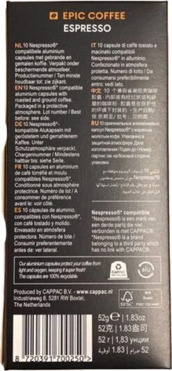 100 Capsules Epic Coffee - Espresso - Nespresso® Compatible Aluminium Capsules - RFA Keurmerk - Doos 100 Stuks -Koffie Series Winkel 556x1200