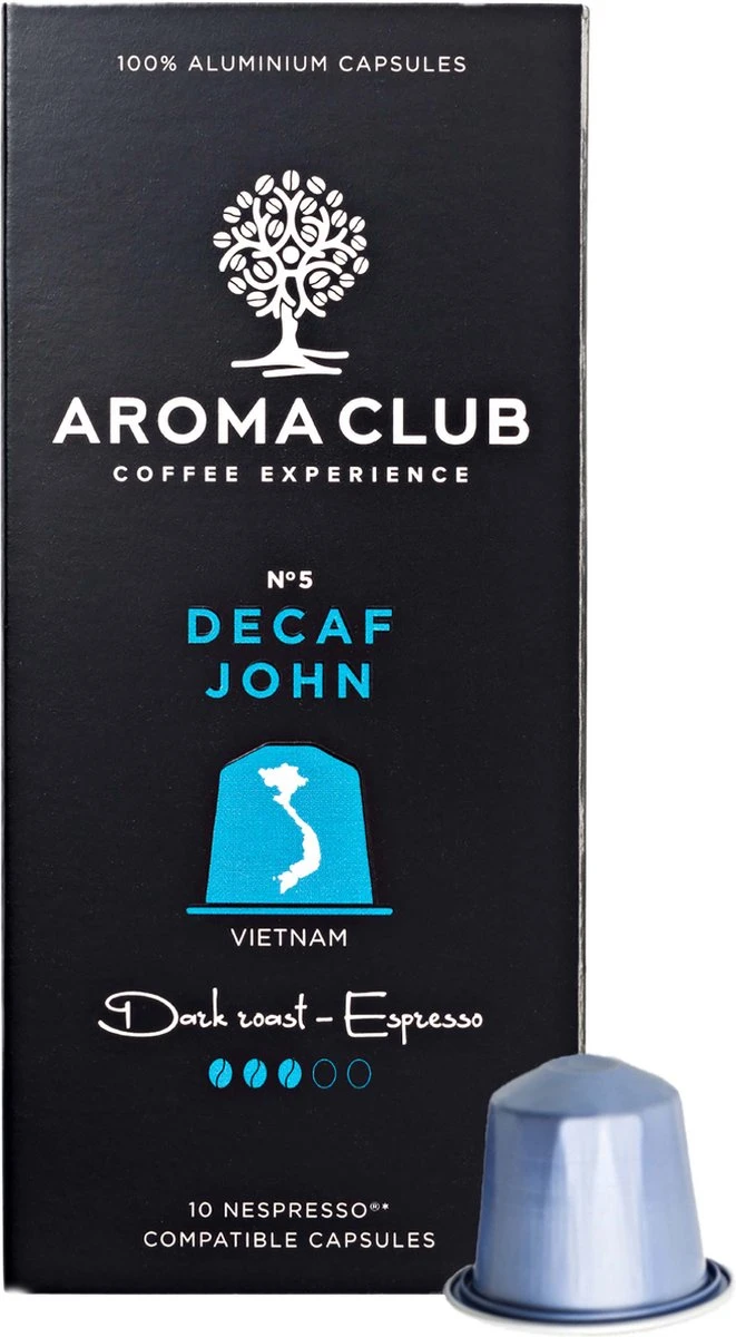 Aroma Club - Nespresso Compatible Capsules (120 St.) - No. 5 Decaf John - Intensiteit 3/5 - Decaf - 100% Aluminium Koffiecups 3 Aroma Club - Nespresso Compatible Capsules (120 St.) - No. 5 Decaf John - Intensiteit 3/5 - Decaf - 100% Aluminium Koffiecups